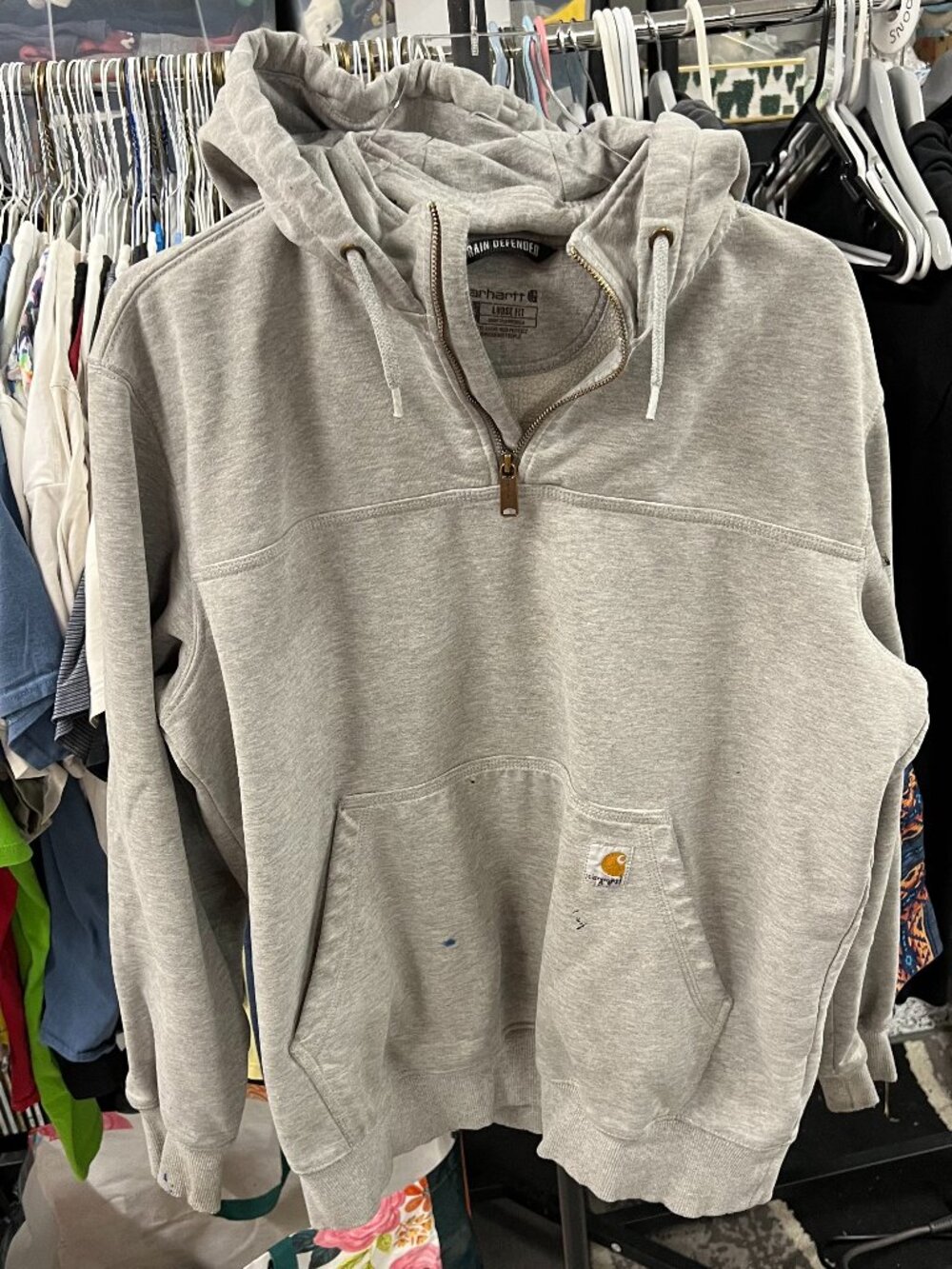 Carhartt Rain Defender Loose Fit Half Zip Hoodie Sweatshirt Sz L Grey Thrashed
